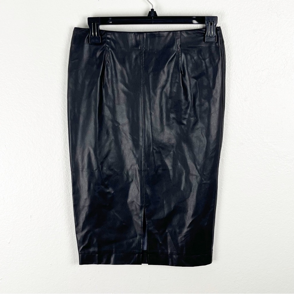 DAVID LERNER Black Faux Vegan Leather Pull On Pencil Skirt XS Minimalist Neutral